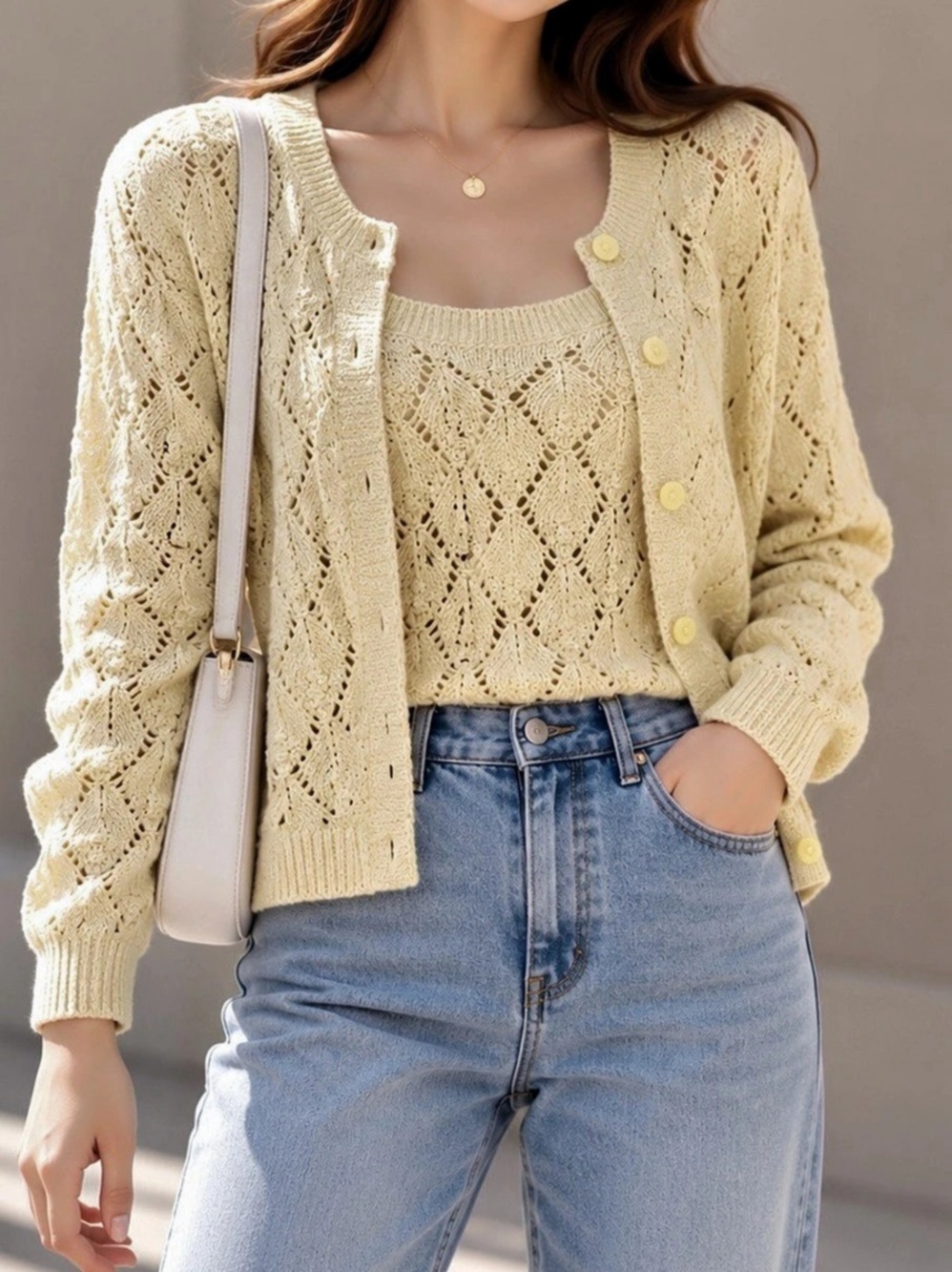 Primark Cream Open-Knit Cardigan Set Size Medium